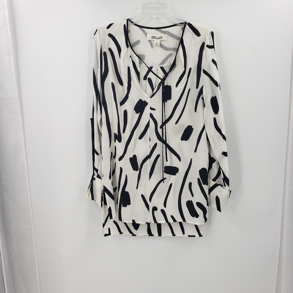 DIANE VON FURSTENBERG black white open sleeves silk V neck blouse sz 10